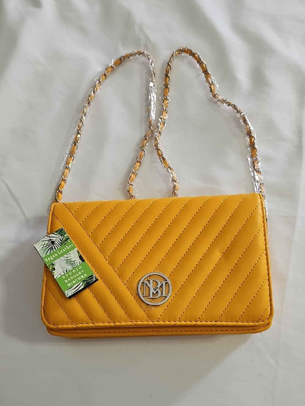 Yellow Quilted Chain Strap Crossbody Bag - Vegan Leather
